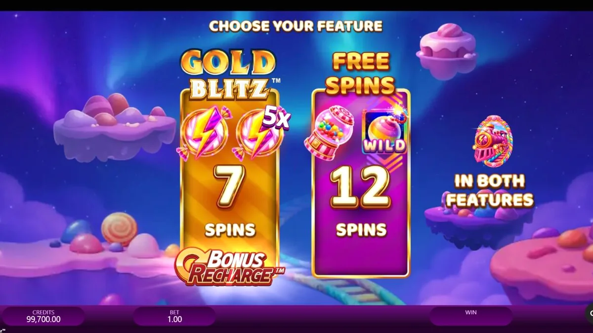 Candy Express Gold Blitz slot game interface na may makukulay na kendi at tren