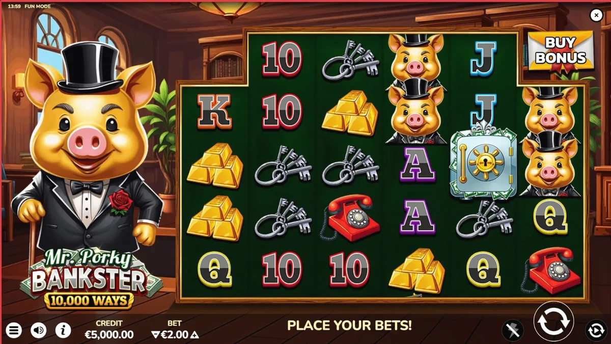 Mr. Porky Bankster 10,000 Ways slot game screen na nagpapakita ng marangyang opisina at gintong piggy bank.