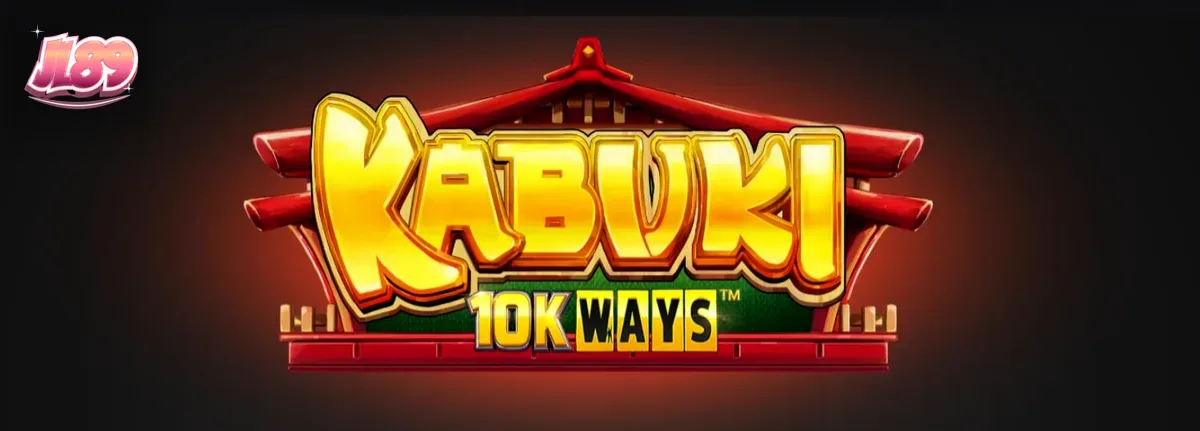 Isang masining na paglalarawan ng Kabuki 10k Ways slot na nagpapakita ng mga tradisyunal na maskara at cherry blossoms.